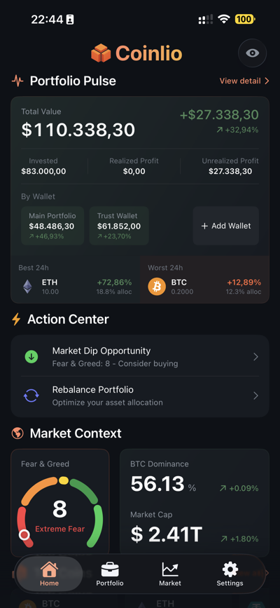 Coinlio portfolio dashboard showing total value, P&L, and asset breakdown