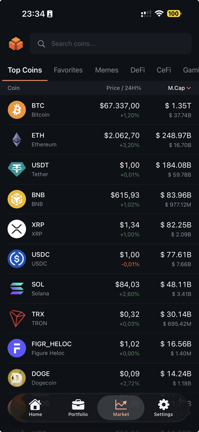 Coinlio market screen showing live prices for 10,000+ cryptocurrencies